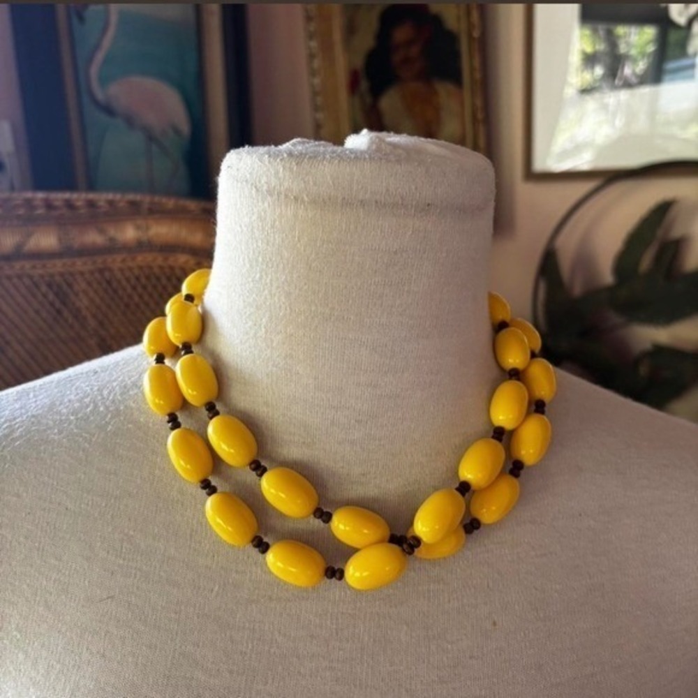 Vintage 90s Yellow Acrylic Yellow Brown Beaded Statement Necklace